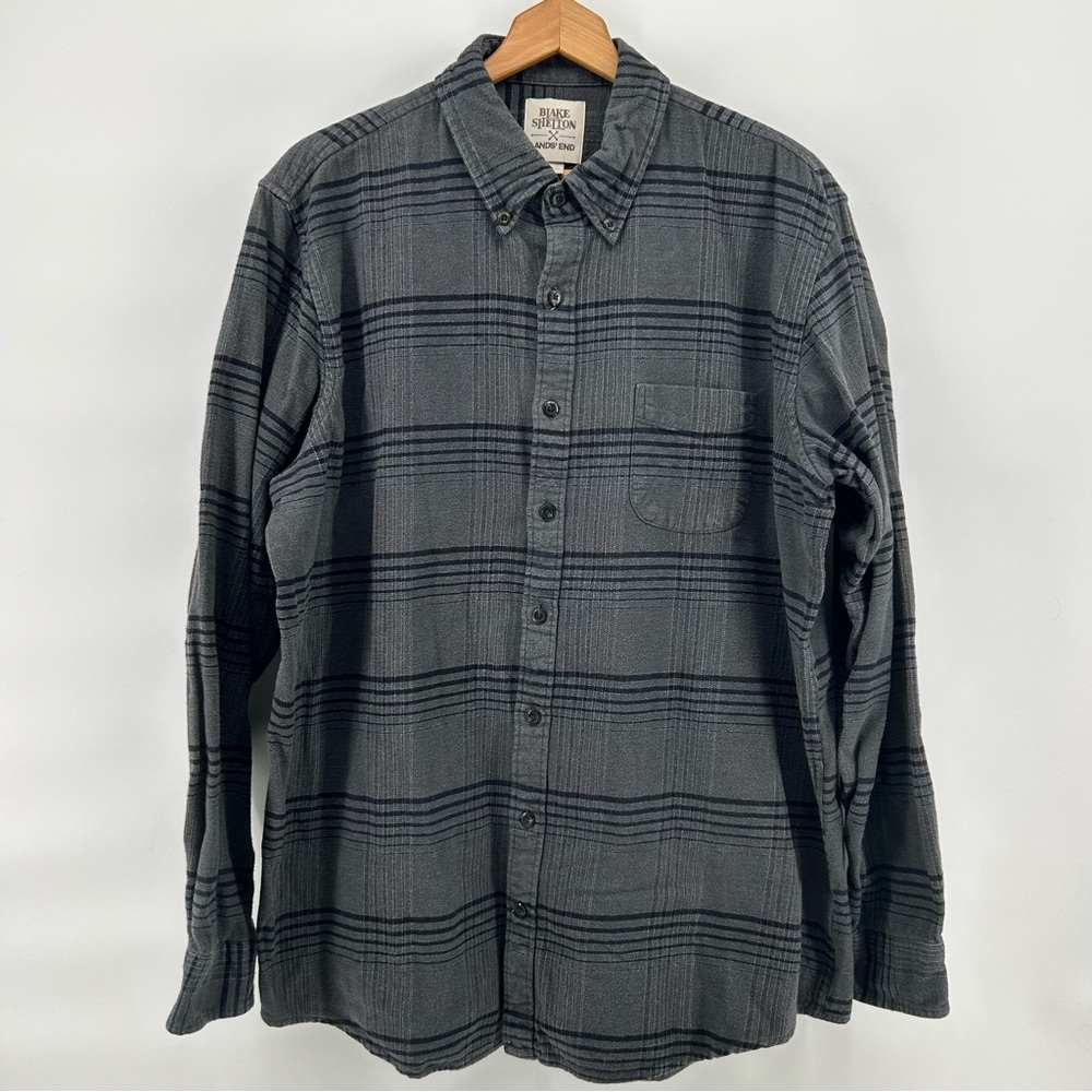 Lands End Blake Shelton Flannel Mens XLT Tall Gray Stripe Oeko-Tex Cotton Rustic